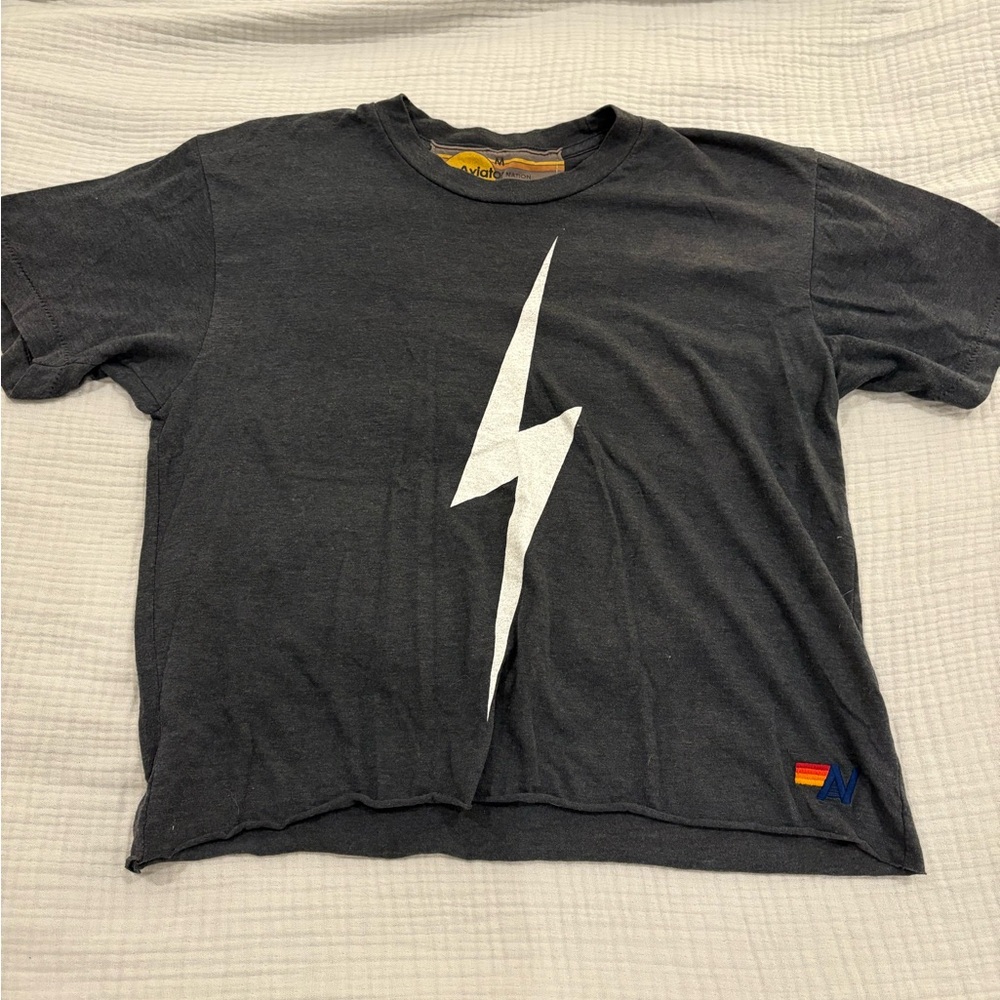 Aviator Nation Charcoal Gray Tee with White Lightning Bolt